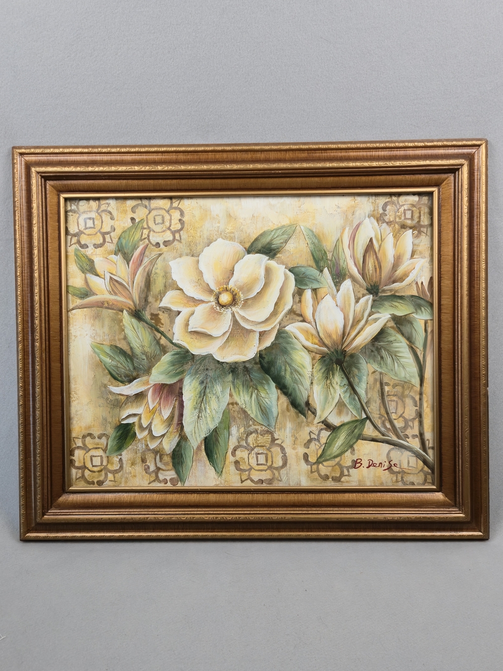 Vintage Floral Still Life Magnolia Canvas Art Framed Signed B. Denise
